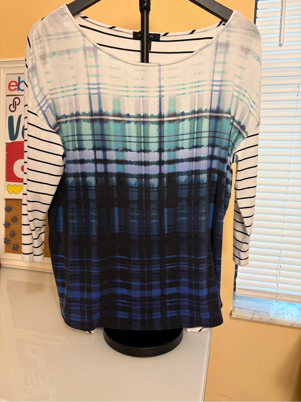 St. John Blue Gradient Plaid & Striped Long Sleeve Top